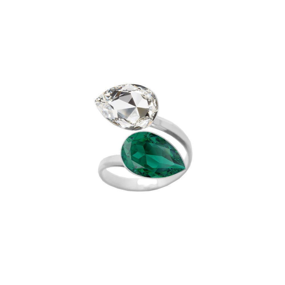 A stunning 925 Sterling silver ring with a wrap-around design, featuring dual pear-cut crystals in Clear and Emerald Green teardrop shapes, beautifully handcrafted for women by Magpie Gems in Ireland.