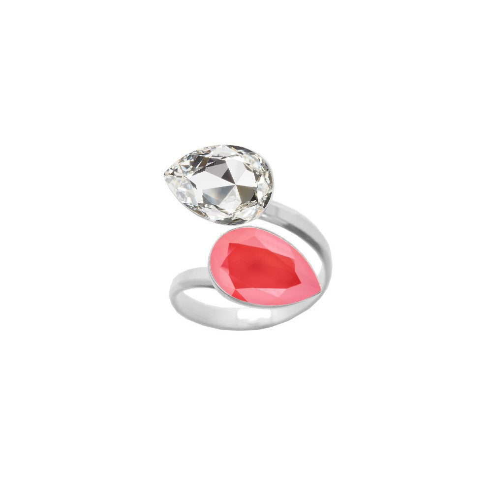 An elegant 925 Sterling silver ring with a wrap-around design, featuring dual pear-cut crystals in Clear and Light Coral teardrop shapes, beautifully handcrafted for women by Magpie Gems in Ireland.