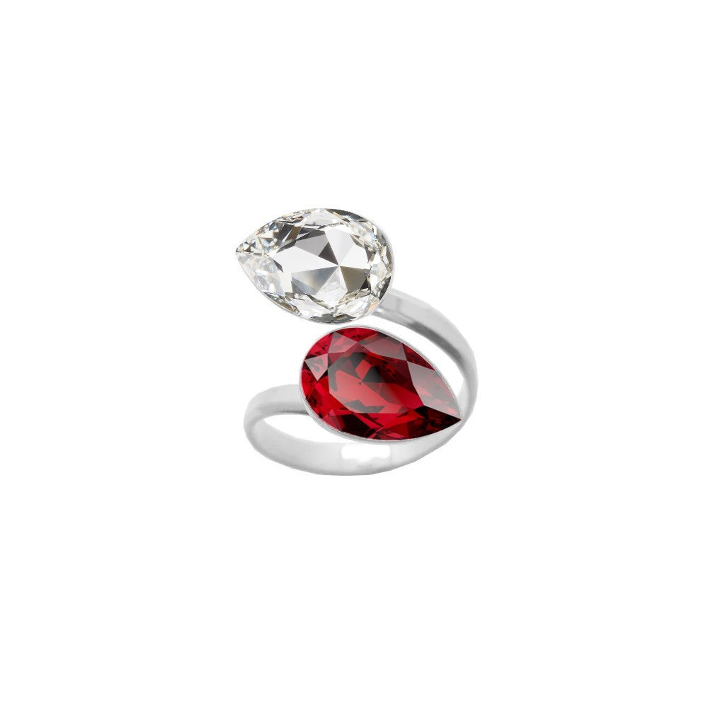 An elegant 925 Sterling silver ring with a wrap-around design, adorned with dual pear-cut crystals in Clear and Scarlet Red teardrop shapes, beautifully handcrafted for women by Magpie Gems in Ireland.