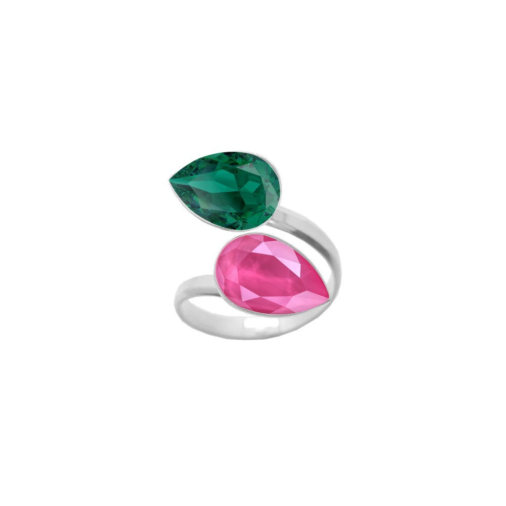 A striking 925 Sterling silver wrap-around ring featuring large dual crystals in Emerald Green and Peony Pink teardrop shapes, meticulously handcrafted for women by Magpie Gems in Ireland.