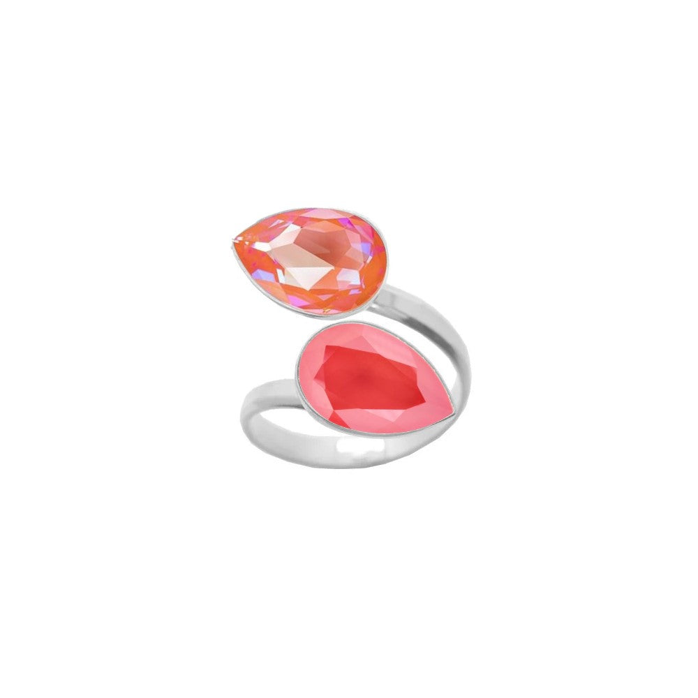 Orange Glow Delite and Light Coral pear-cut crystals embellish this 925 Sterling silver wrap-around ring, a handmade piece for women by Magpie Gems, symbolising elegance and craftsmanship from Ireland.