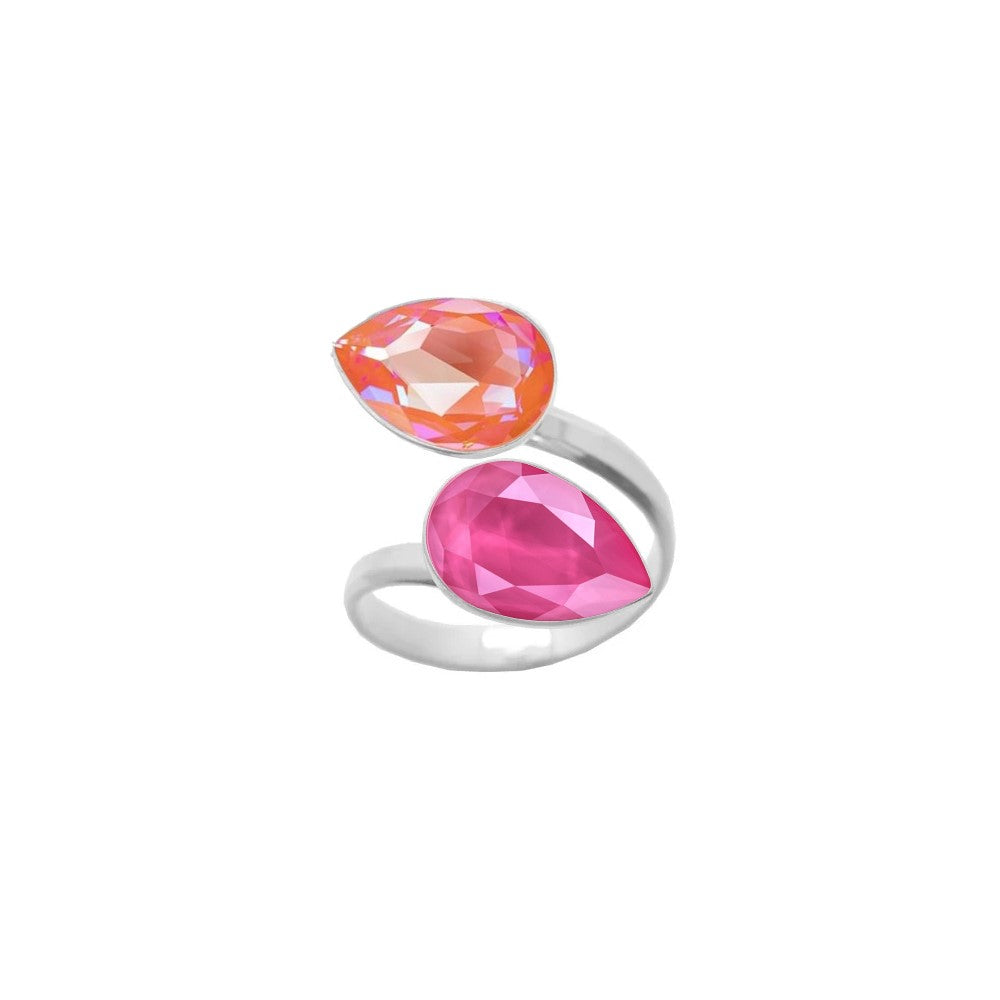 Orange Glow Delite and Peony Pink pear-cut crystals embellish this 925 Sterling silver wrap-around ring, a handmade piece for women by Magpie Gems, symbolising elegance and craftsmanship from Ireland.