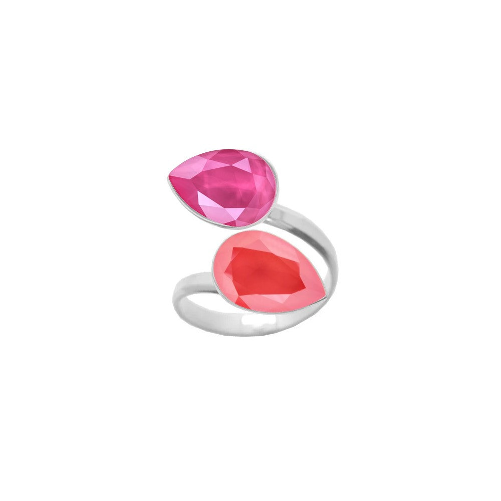 A beautiful 925 Sterling silver wrap-around ring featuring dual pear-cut crystals in Peony Pink and Light Coral teardrop shapes, meticulously handcrafted for women by Magpie Gems in Ireland.