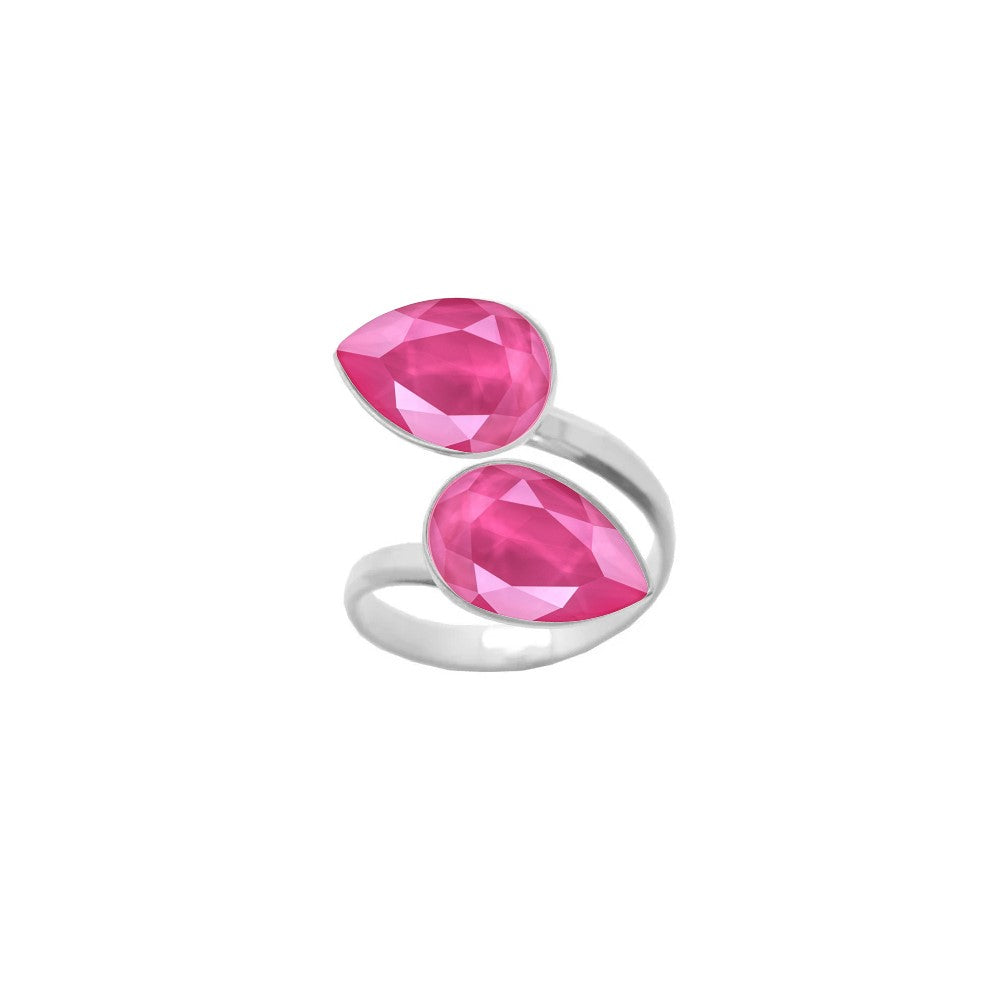 A stunning 925 Sterling silver wrap-around ring featuring dual Peony Pink pear-cut crystals, meticulously handcrafted as a statement piece for women by Magpie Gems in Ireland.