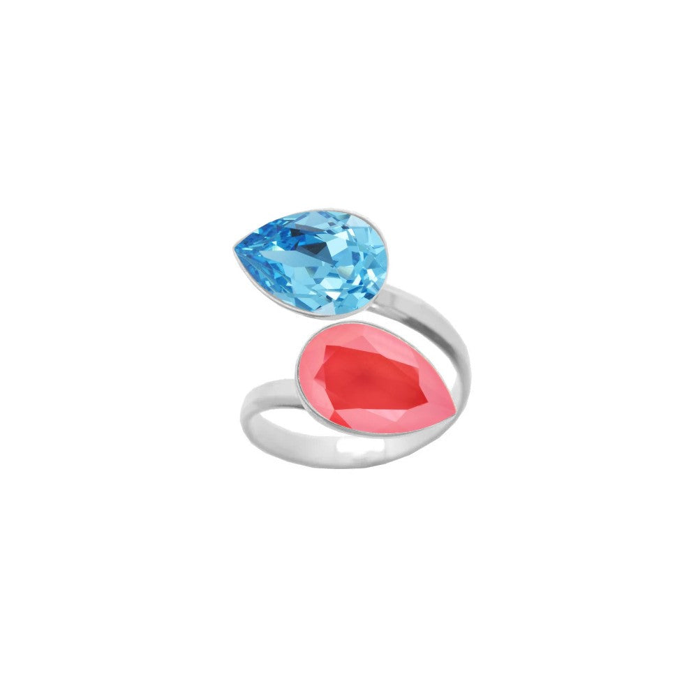 Handmade in Ireland, this 925 Sterling silver ring features a wrap-around design with two teardrop crystals in Aquamarine and Light Coral, perfect for women who appreciate fine jewellery.