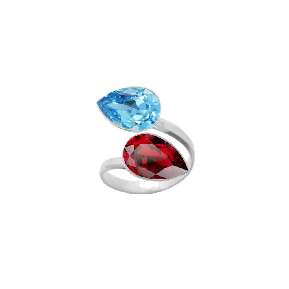 Exquisite 925 Sterling silver ring with a wrap-around your finger design, featuring dual pear-cut crystals in Aquamarine and Scarlet Red Teardrop, handmade for women by Magpie Gems in Ireland.