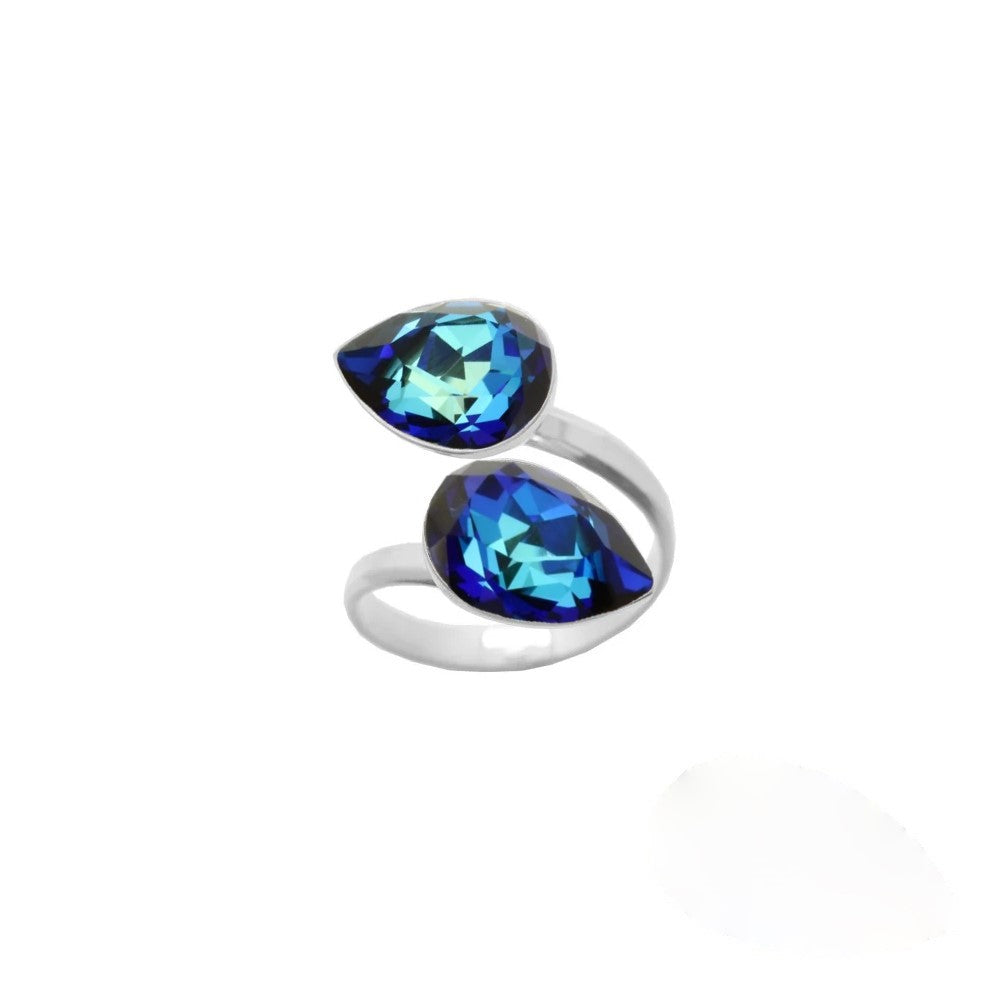 925 Sterling silver wrap-around ring adorned with two Bermuda Blue pear-cut crystals, a beautiful dual crystal ring for women, meticulously handcrafted by Magpie Gems in Ireland.