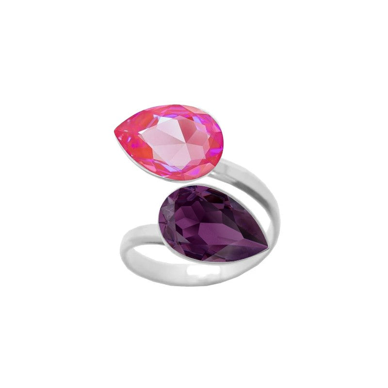 A beautiful 925 Sterling silver ring with a wrap-around design, featuring double pear-cut crystals in Pink Lotus and Amethyst Purple teardrop shapes, expertly handcrafted for women by Magpie Gems in Ireland.