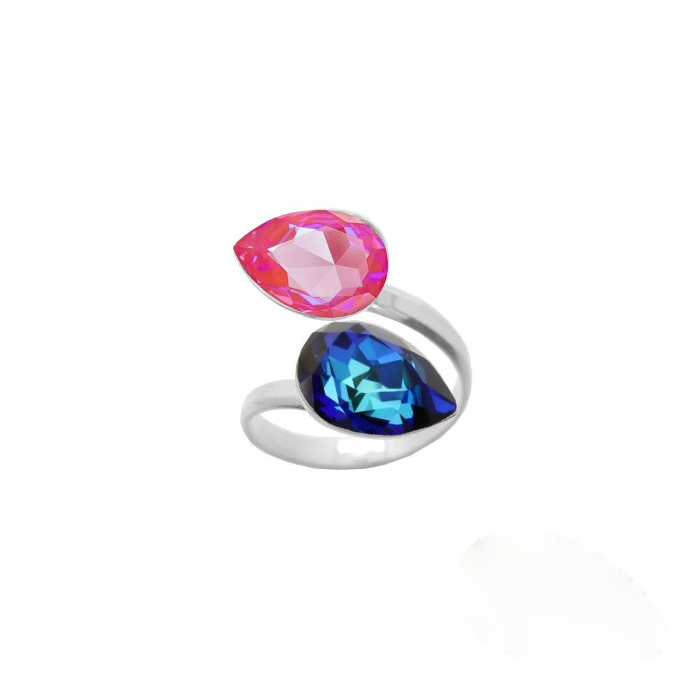 Bermuda Blue and Lotus Pink Teardrop pear-cut crystals embellish this 925 Sterling silver wrap-around ring, a handmade piece for women by Magpie Gems, symbolising elegance and craftsmanship from Ireland.