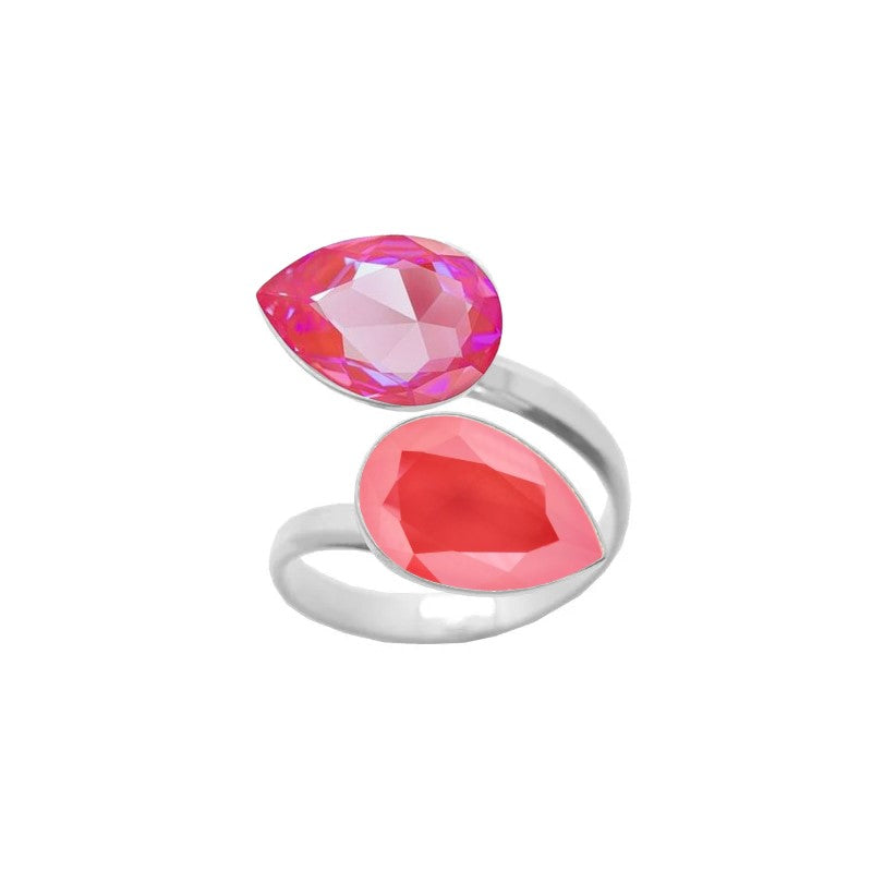 A stylish 925 Sterling silver ring with a wrap-around design, featuring double pear-cut crystals in Pink Lotus and Light Coral teardrop shapes, beautifully handcrafted for women by Magpie Gems in Ireland.