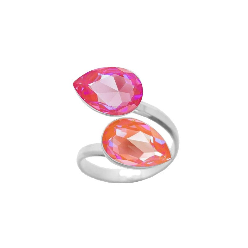 A captivating 925 Sterling silver ring with a wrap-around design, showcasing double pear-cut crystals in Pink Lotus and Orange Glow Delite teardrop shapes, beautifully handcrafted for women by Magpie Gems in Ireland.