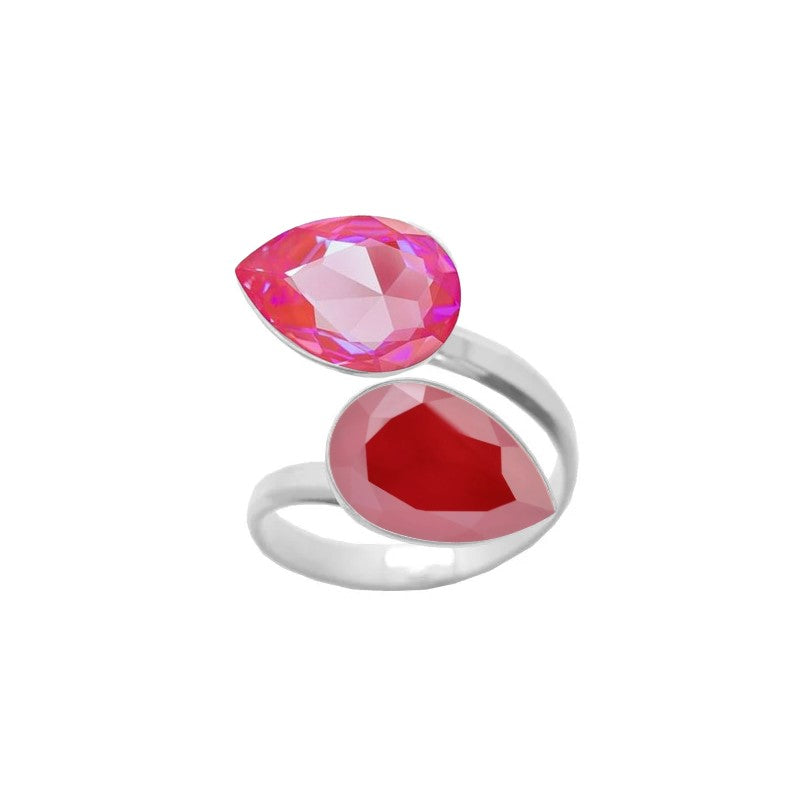 A sophisticated 925 Sterling silver ring with a wrap-around design, adorned with double pear-cut crystals in Pink Lotus and Royal Red teardrop shapes, meticulously handcrafted for women by Magpie Gems in Ireland.