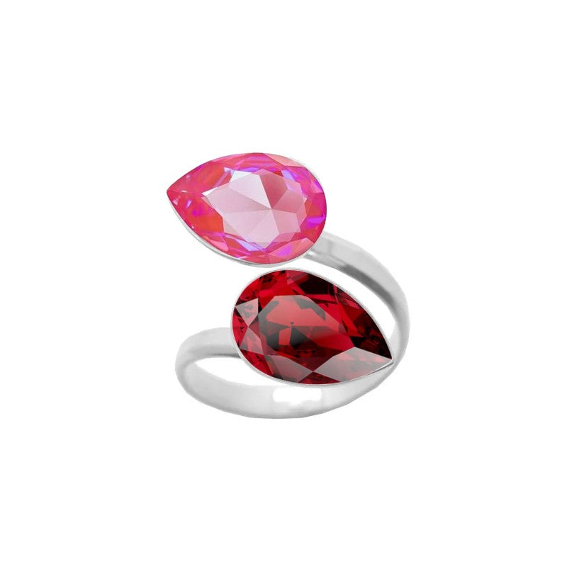 An elegant 925 Sterling silver ring with a wrap-around design, featuring double pear-cut crystals in Pink Lotus and Scarlet Red teardrop shapes, exquisitely handcrafted for women by Magpie Gems in Ireland.