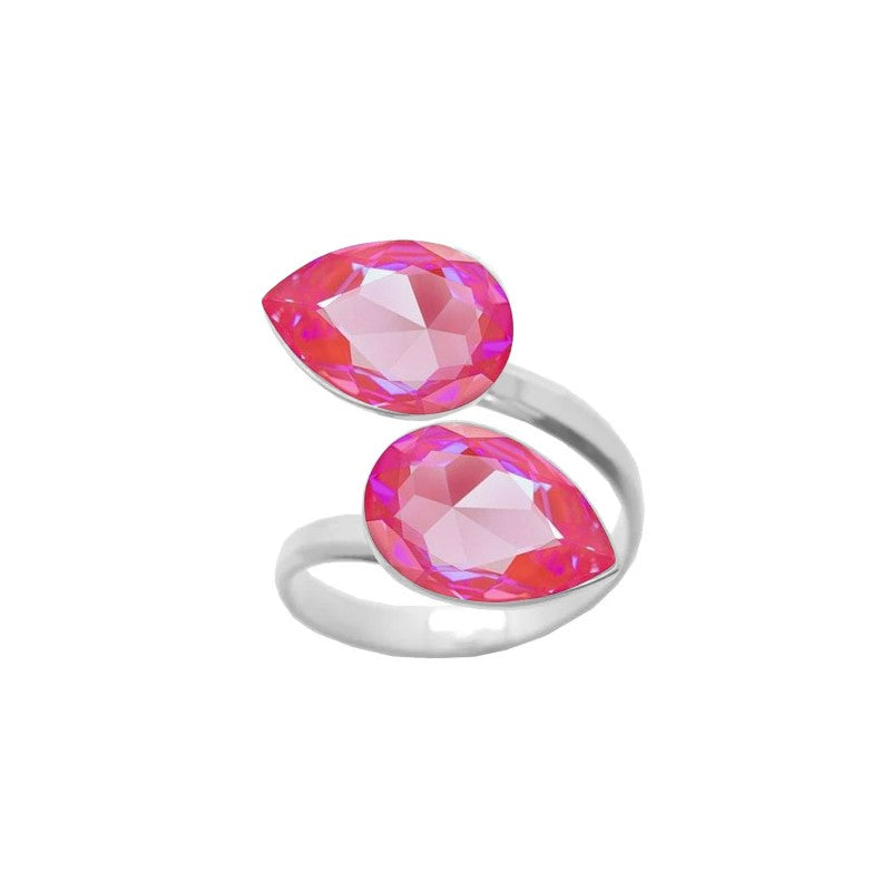 A sophisticated 925 Sterling silver ring with a wrap-around design, featuring double pear-cut crystals in Clear and Pink Lotus teardrop shapes, expertly handcrafted for women by Magpie Gems in Ireland.