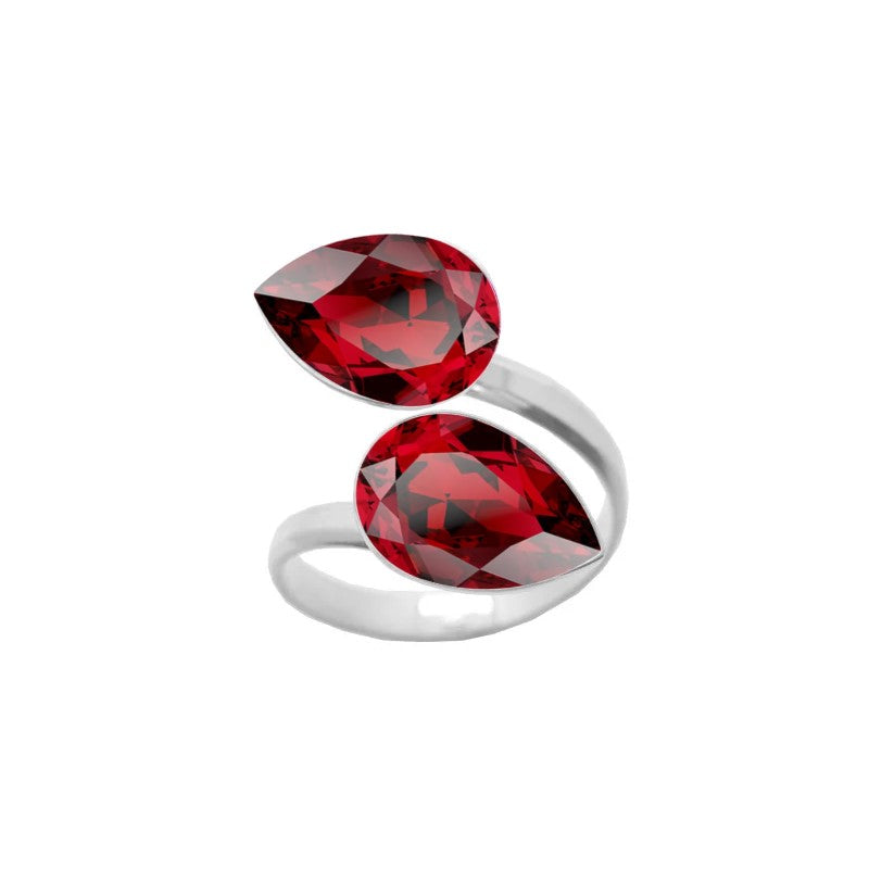 Scarlet Red pear-cut crystals embellish this 925 Sterling silver wrap-around ring, a handmade piece for women by Magpie Gems, symbolising elegance and craftsmanship from Ireland.