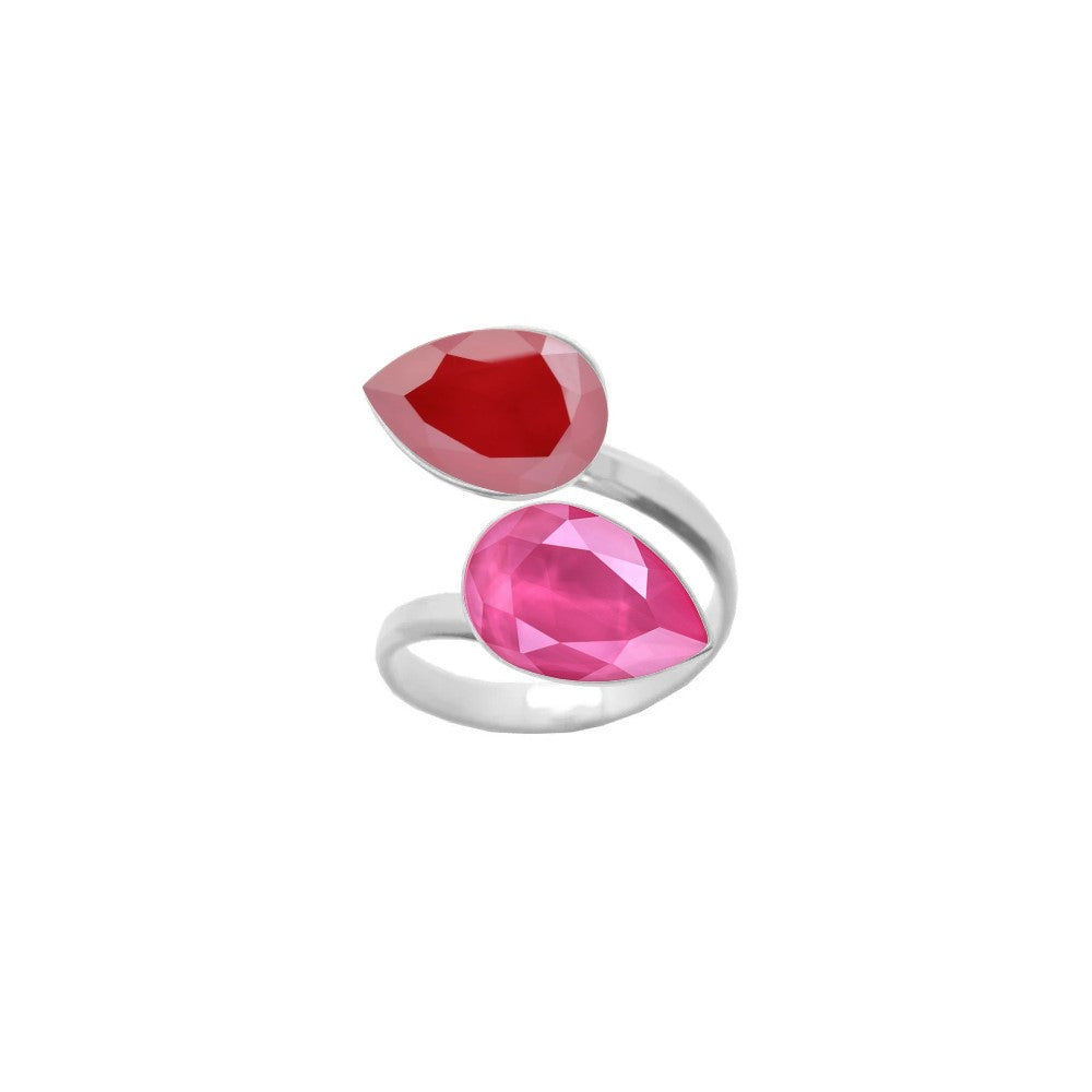 An elegant 925 Sterling silver wrap-around ring showcasing Royal Red and Peony Pink pear-cut crystals, a meticulously handcrafted dual crystal ring for women by Magpie Gems in Ireland.