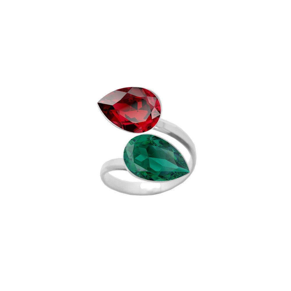 925 Sterling silver wrap-around ring adorned with Scarlet Red and Emerald Green pear-cut crystals, a beautiful dual crystal ring for women, meticulously handcrafted by Magpie Gems in Ireland, perfect for the festive Christmas season.