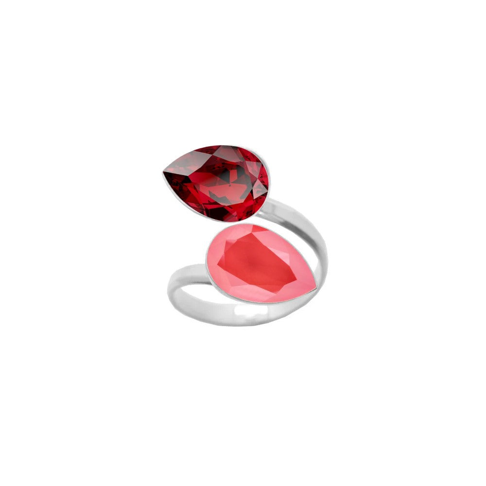 925 Sterling silver wrap-around ring adorned with Scarlet Red and Light Coral pear-cut crystals, a beautiful dual crystal ring for women, meticulously handcrafted by Magpie Gems in Ireland.