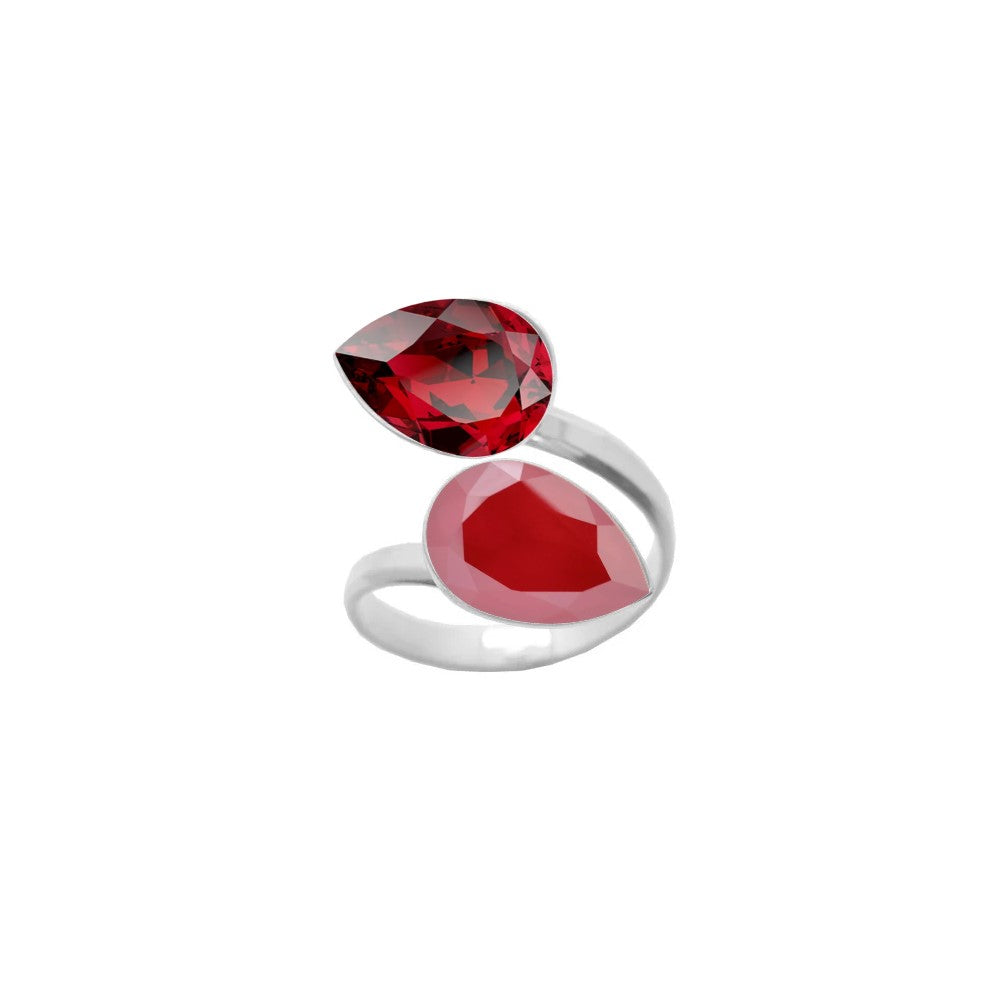 Scarlet Red and Royal Red pear-cut crystals adorn this 925 Sterling silver wrap-around ring, a handmade piece for women by Magpie Gems, showcasing two shades of red and symbolising elegance and craftsmanship from Ireland.