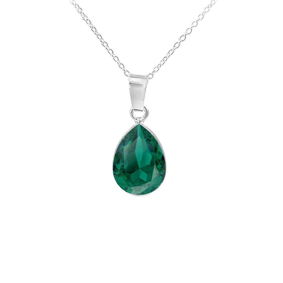 Emerald Green Solitaire Teardrop Pendant Necklace in 925 Sterling Silver with Pear-cut Austrian crystals by Magpie Gems in Ireland