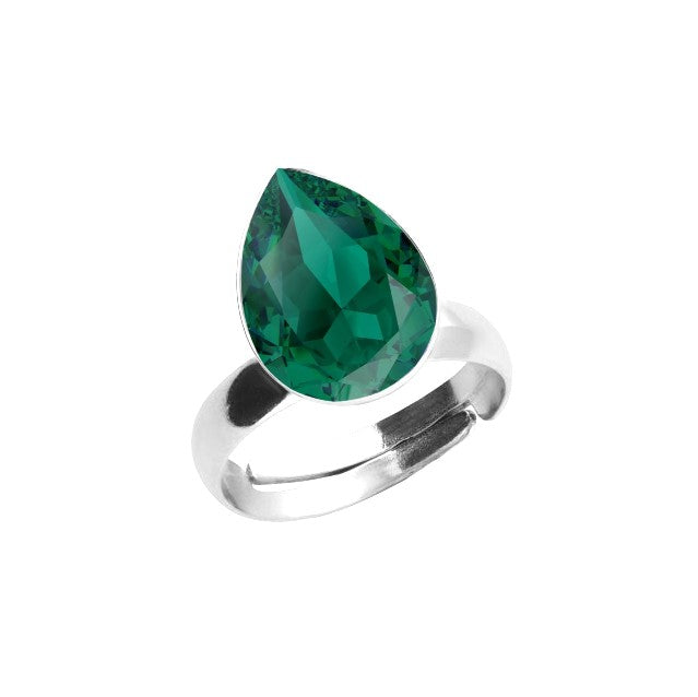 Emerald Green Solitaire Silver Ring in Nickel-Free Sterling Silver with Pear-shaped Teardrop Crystal by Magpie Gems Ireland