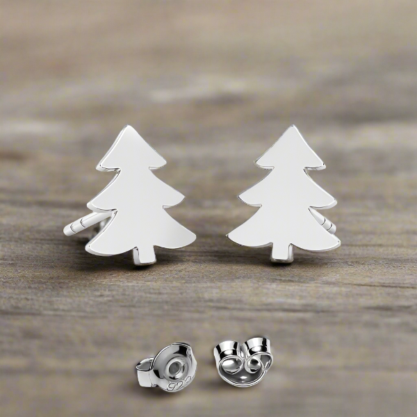 Festive Christmas Tree Sterling Silver Stud Earrings, Irish Hand-Finished Sterling Silver Christmas Tree Stud Earrings