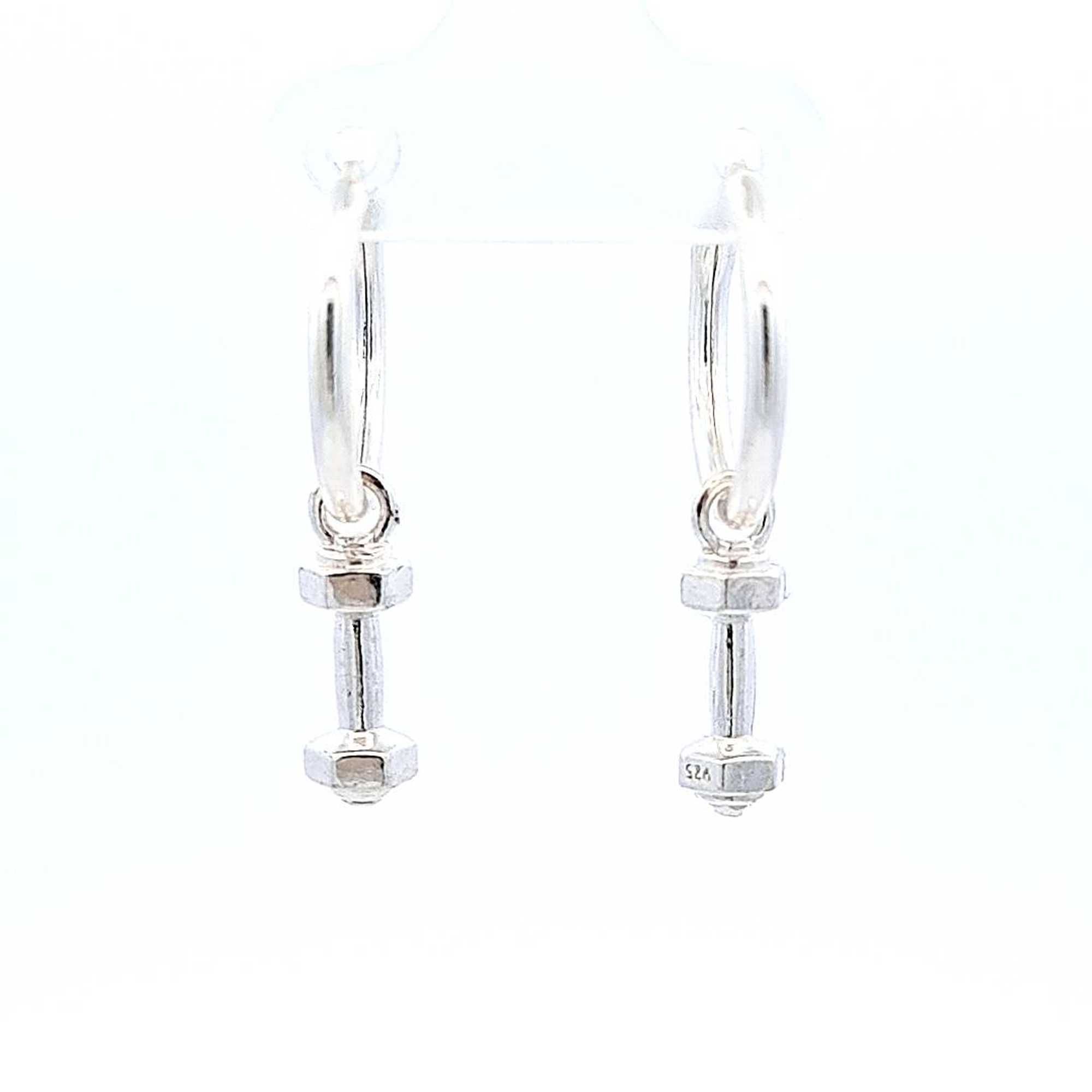 Fitness Enthusiast Dumbbell Charm Hoop Earrings in Sterling Silver