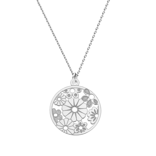 Flower Circle Silver Pendant Necklace with Intricate Floral Designs