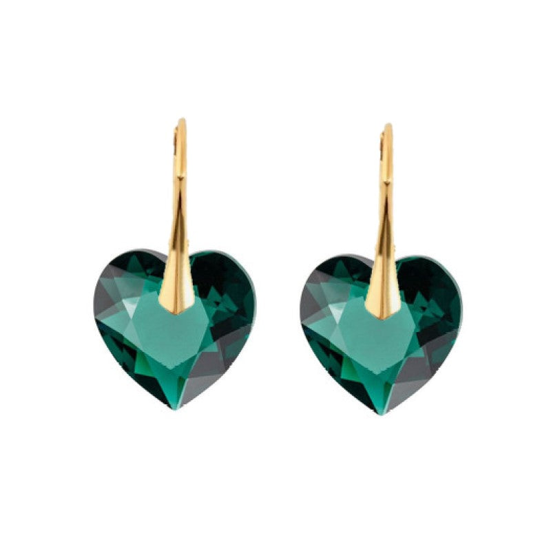 Irish Hand-Finished Sterling Gold Heart Drop Earrings with Emerald Green Crystals