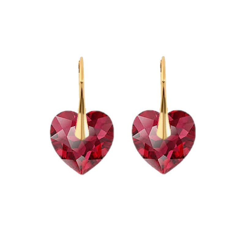 Scarlet Red Gold Heart Drop Earrings with Austrian Crystals