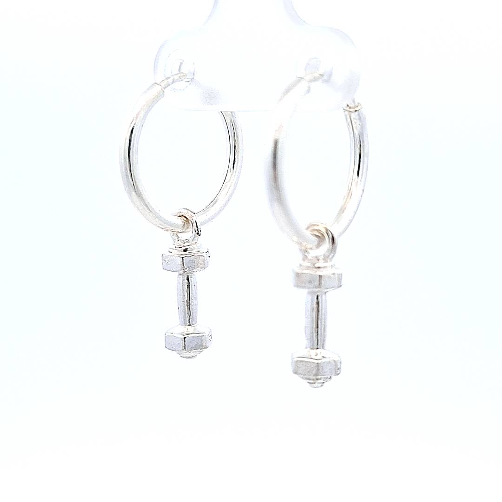 Hand-Finished Sterling Silver Hoop Earrings with Dumbbell Charm