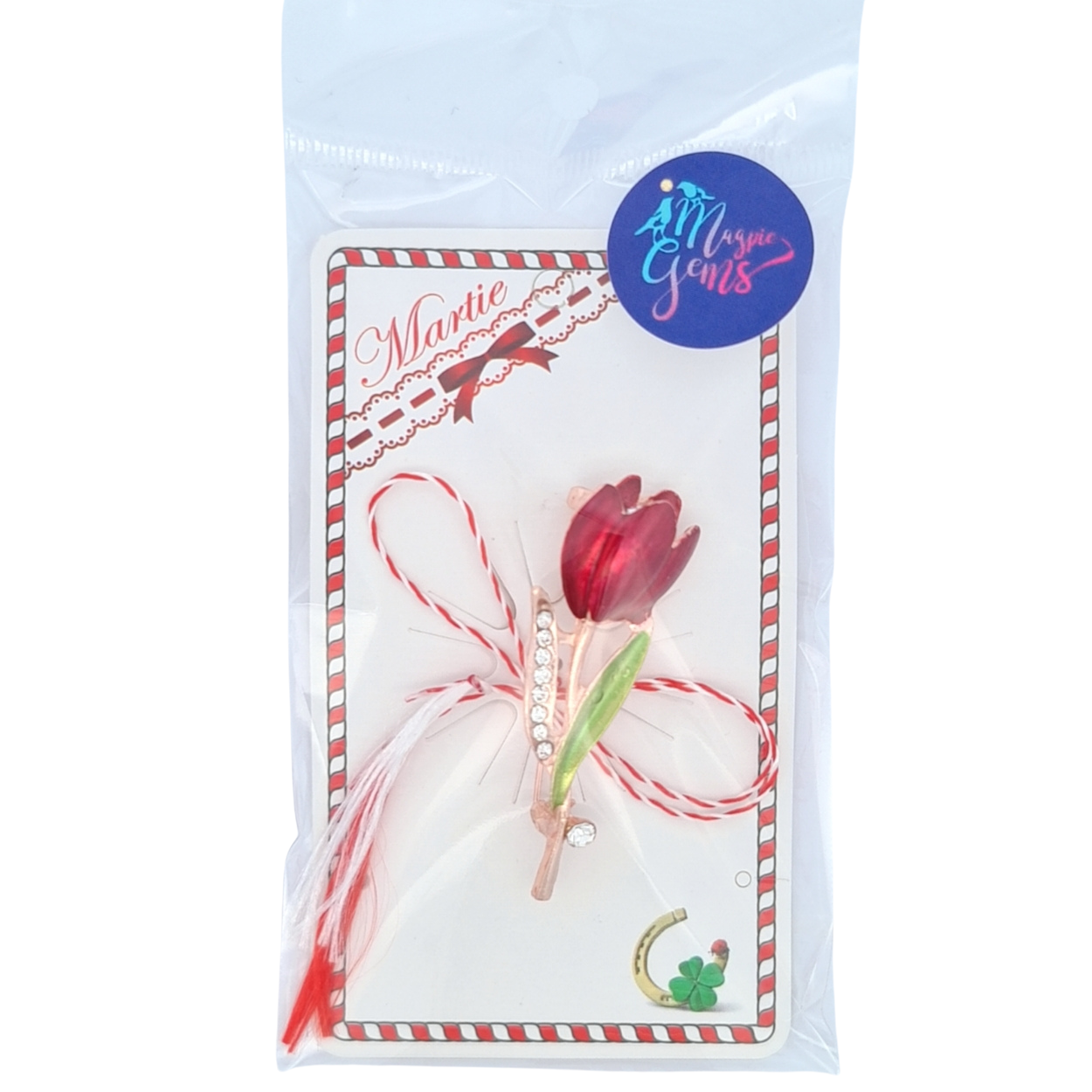 Elegant Tulip Martisor Brooch with Red and White Bow – Two Colour Variants