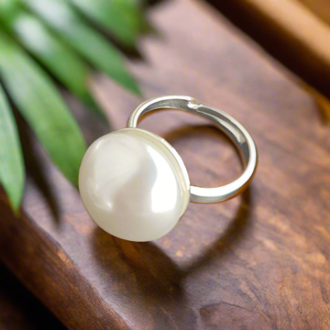 Handcrafted silver pearl ring from Magpie Gems, featuring an oversized crystal pearl set in nickel-free sterling silver, made in Ireland.