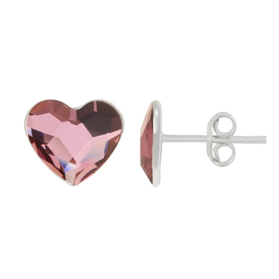 Little Miss Love Heart Crystal Silver Stud Earrings in Antique Pink for Girls, Teens, and Adults