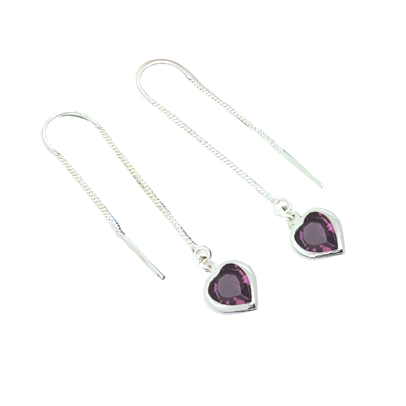 Heart Silver Double Threader Earrings in Sterling Silver with Amethyst Purple Heart