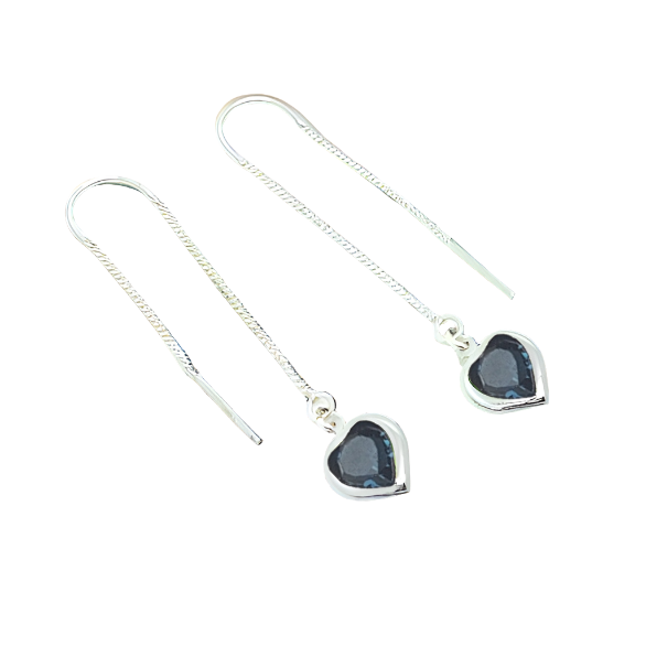 Heart Silver Double Threader Earrings in Sterling Silver with Denim Blue Heart