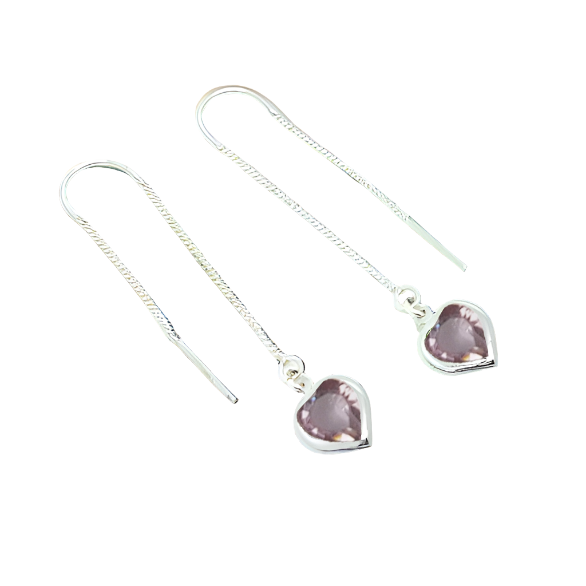 Heart Silver Double Threader Earrings in Sterling Silver with Light Amethyst Heart