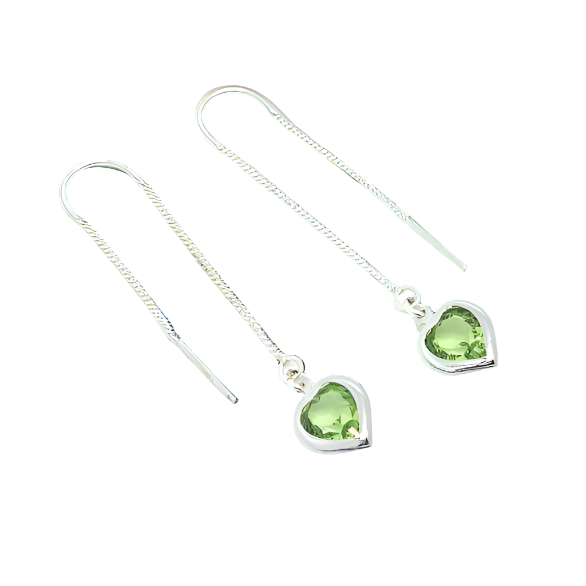 Heart Silver Double Threader Earrings in Sterling Silver with Peridot Heart, Peridot August Birthstone Crystal Heart Sterling Silver Ear Threader Earrings, Shop In Ireland, Free shipping over €75