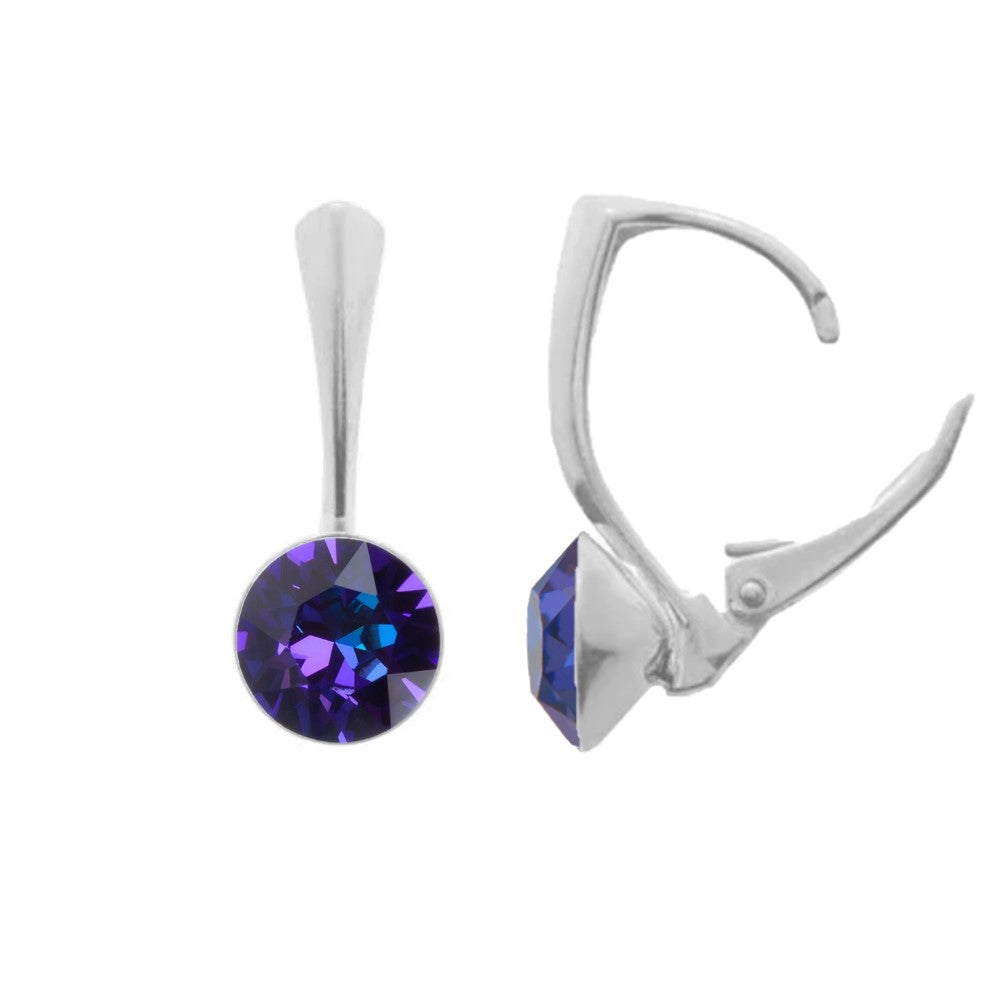 Heliotrope Purple Round Chaton Crystal Drop Earrings in Sterling Silver