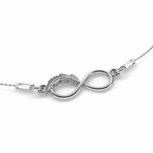 Women's Sterling silver infinity feather pendant necklace for baby loss, symbolizing eternal love and remembrance by Magpie Gems in Ireland