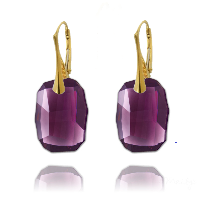 Irish Hand-Finished Sterling Silver Amethyst Graphic Crystal Drop Earrings with 24k Yellow Gold Plating
