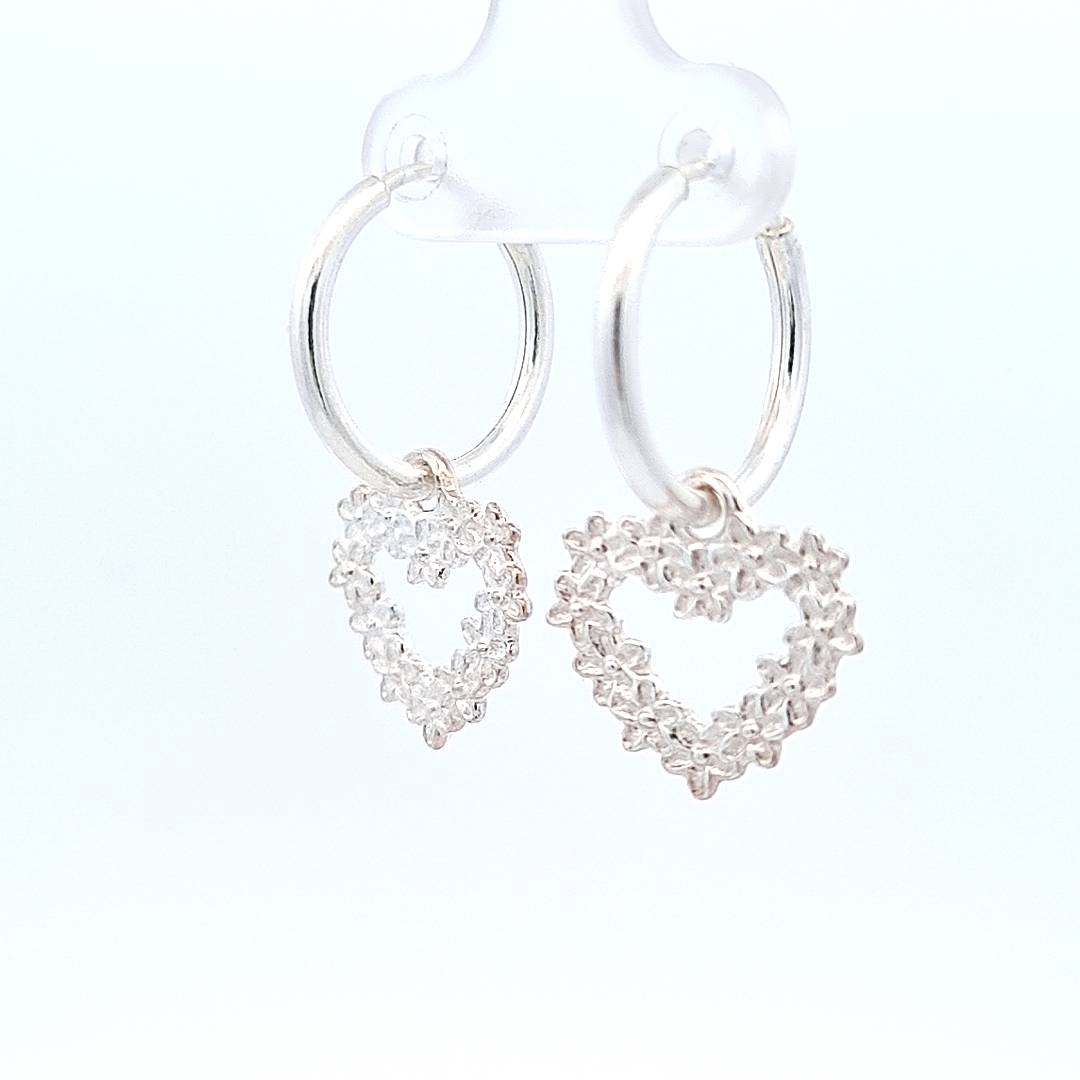 Hand-Finished Sterling Silver Hoop Earrings with Heart and Forget-Me-Not Flowers Charm