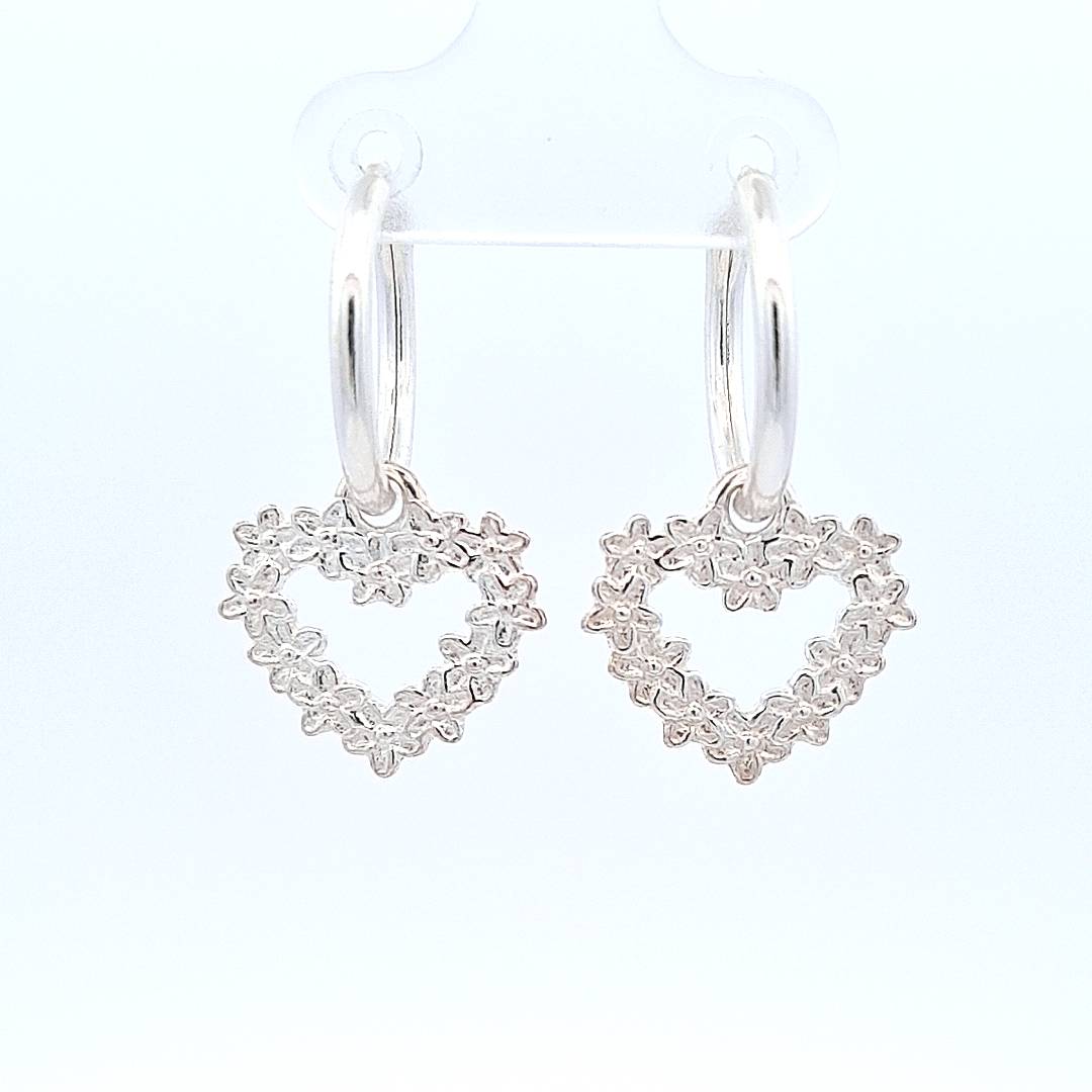 Heart with Forget-Me-Not Flowers Charm Hoop Earrings in Sterling Silver