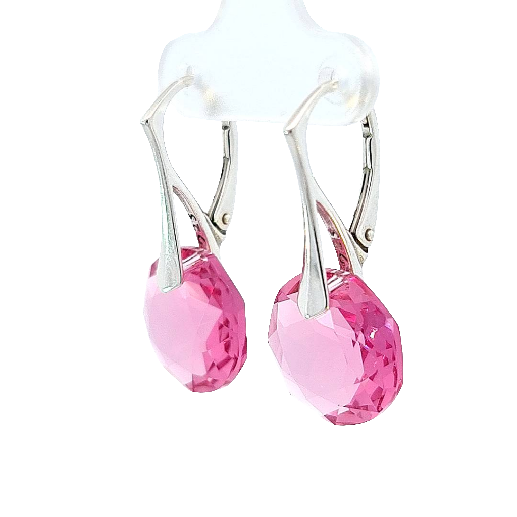 Side View Irish Hand-Finished Sterling Silver Round Rose Crystal Drop Earrings for October Birthstone