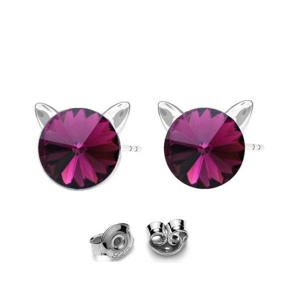 Kitty Cat Silver Stud Earrings with Amethyst Purple  Rivoli Crystal for Girls