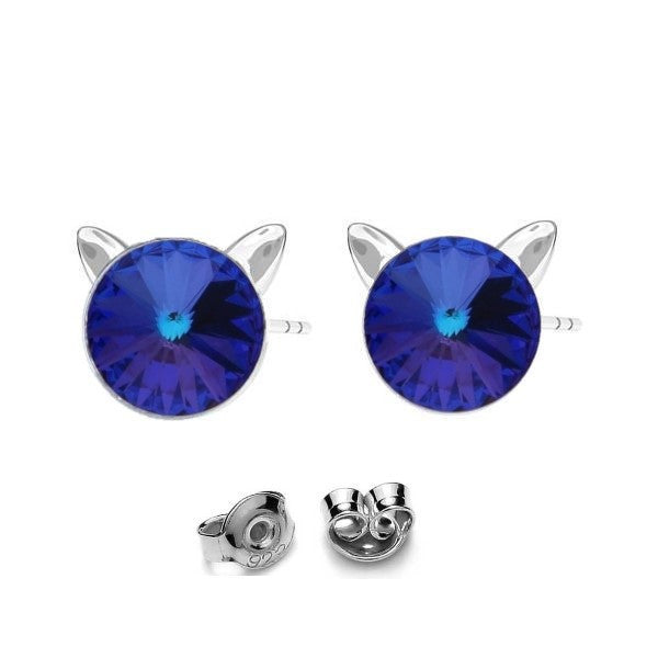 Kitty Cat Silver Stud Earrings with Heliotrope Purple Rivoli Crystal for Girls