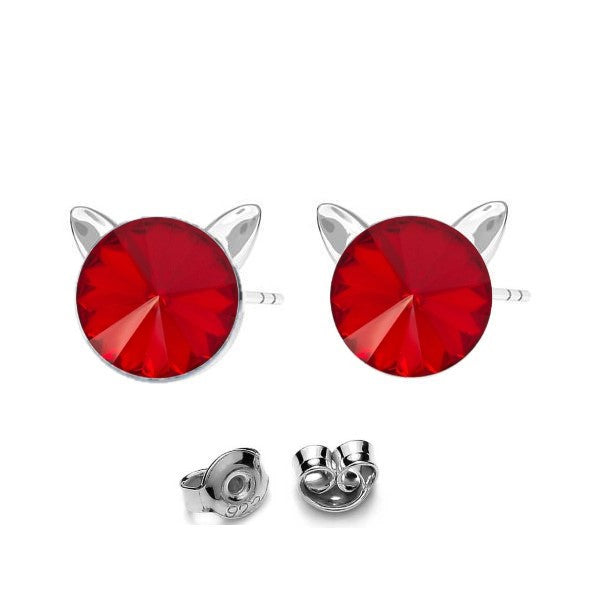 Kitty Cat Silver Stud Earrings with Light Siam Red Rivoli Crystal for Girls