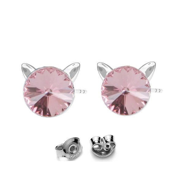 Kitty Cat Silver Stud Earrings with Light Rose Rivoli Crystal for Girls