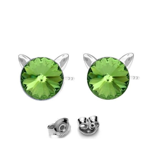 Kitty Cat Silver Stud Earrings with Peridot Green Rivoli Crystal for Girls