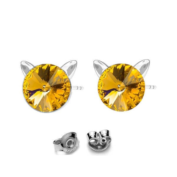 Kitty Cat Silver Stud Earrings with Sunflower Yellow Rivoli Crystal for Girls